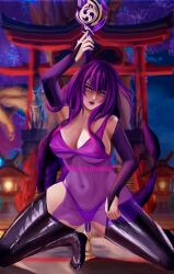 artist_name artist_signature big_breasts breasts dantedraw electric genshin_impact purple_eyes purple_hair purple_panties raiden_shogun wide_hips