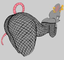 absurd_res anthro ass big_butt buckteeth butt_focus ear_piercing female fishnet_clothing fur grey_body grey_fur hi_res humanoid hybrid mammal mouse murid murine nude piercing rat rat_tail rawhell rodent solo teeth wide_hips