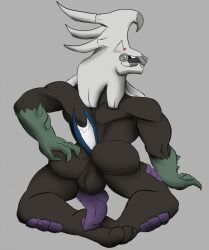 animal_genitalia animal_penis anthro anus ass back_muscles backsack balls big_balls big_penis black_balls black_body black_fur black_perineum blue_eyes butt_grab canine_penis claws daikuhiroshiama fur genitals hand_on_butt hi_res kneeling knot legendary_pokémon looking_at_viewer looking_back male muscular muscular_anthro muscular_male nintendo open_mouth penis perineum pokémon_(species) pokemon presenting presenting_anus presenting_hindquarters purple_body purple_penis purple_scales scales sherias_(daikuhiroshiama) silvally smile smiling_at_viewer solo solo_male spikes spikes_(anatomy) video_games white_body white_fur