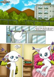 1girls bbmbbf bed bedroom comic comic_page digihentai digimon female female_only gatomon gatomon_in_heat_2 palcomix pillow solo