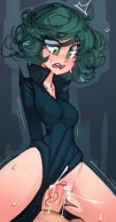 1boy 1girls breasts clothed_female_nude_male cragscleft cum cum_in_pussy cum_inside female_on_top green_eyes green_hair one-punch_man penis sex short_hair small_breasts smaller_female tatsumaki thighs vaginal_penetration vaginal_sex veiny_penis