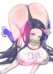 aged_up all_fours alternate_costume ass_grab big_ass big_breasts black_hair chiroru demon_slayer female female_only gag gym_uniform hair_ribbon huge_breasts kamado_nezuko kimetsu_no_yaiba long_hair looking_at_viewer name_tag nipples_visible_through_clothing no_bra see-through_clothing solo thong