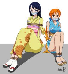 1futa 1girls artist_request blue_eyes blue_hair bondage brown_eyes cloth_gag feet female feminine_futa futanari gag kikunojo nami one_piece orange_hair pirate rope_bondage tattoo thief