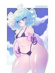 1girls bikini bottom_heavy eye_contact female female_focus female_only green_eyes green_hair kaikoinu looking_at_viewer micro_bikini nipple_bulge one-punch_man shiny_skin short_hair small_breasts solo standing tatsumaki thick_thighs thighs wide_hips