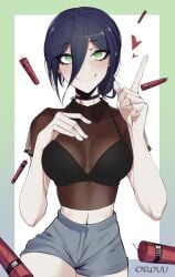 belly big_breasts black_hair chainsaw_man cleavage dynamite green_eyes orouu reze_(chainsaw_man) see-through_clothing thick_thighs underwear