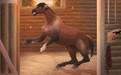 animal_genitalia equid equine feral fingers fully_sheathed genitals happy hooved_fingers hooves horse male mammal marleybraun mid_transformation open_mouth sheath smile solo species_transformation stable transformation