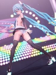 1girls 3d black_legwear black_stockings blue_eyes blue_hair female female_only footwear grin hatsune_miku kemkem legwear long_hair looking_at_viewer looking_back panties peace_sign shoes short_skirt skirt smile stockings twintails vocaloid