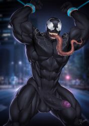 1boy balls chains dick erection fangs gay long_tongue looking_at_viewer male_only marvel muscular_male nude pecs reiner55 saliva smooth_skin solo solo_male spider-man_(series) venom_(marvel)