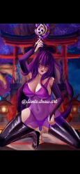 big_breasts breasts busty dantedraw genshin_impact purple_eyes purple_hair raiden_shogun thighs wide_hips