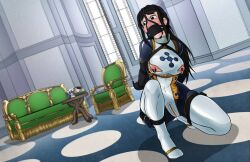 big_breasts black_hair blue_eyes blush bondage chains female female_only gag harness_gag nico_robin nipple_piercing one_piece panel_gag pirate scared shio-bari slave slavegirl