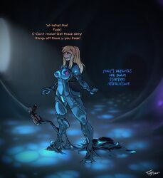 1girls 2021 ass big_ass big_butt blonde_hair bodysuit breasts corruption dark_samus dated english_text female female_only hips light-skinned_female light_skin long_hair metroid pale-skinned_female pale_skin perky_breasts ponytail restrained samus_aran signature skintight slime slime_monster solo solo_female tentacle tentacles text thighs toby_art transformation wide_hips