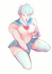 1boy albino ambush_(trap) androgynous ass big_pecs blue_eyes crossdressing crossdressing_male femboy feminine_male gay girly jujutsu_kaisen male moy64904958 nipples pale-skinned_male pecs satoru_gojo solo transparent_clothing white_hair yaoi