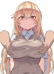 +_+ 1boy 1girls bangs blonde_hair blush breast_grab breasts bright_pupils brown_eyes brown_sweater_vest eyebrows_visible_through_hair female from_below grabbing grabbing_breasts groping groping_from_behind hair_between_eyes large_breasts long_hair looking_at_viewer looking_down school_uniform schoolgirl shirt shiseki_hirame shokuhou_misaki short_sleeves simple_background solo solo_focus sparkles sparkling_eyes star-shaped_pupils straight sweat sweatdrop sweater_vest symbol-shaped_pupils t-shirt teenage_girl teenager to_aru_kagaku_no_railgun to_aru_majutsu_no_index tokiwadai_school_uniform upper_body very_long_hair white_background white_shirt yellow_pupils young