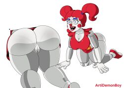 accidental_exposure artidemonboy ass baby_(fnafsl) big_ass blue_eyes circus_baby circus_baby_(fnaf) clown clown_girl five_nights_at_freddy's happy pigtails pussy red_hair red_nose robot sister_location solo stuck stuck_in_wall teeth_gap through_wall white_background