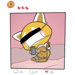 1:1 aggressive_retsuko ailurid anthro blush breasts censor_bar clothed clothing clothing_lift covered_eyes face_mask female gesture hi_res mammal nipples red_panda retsuko sanrio selfie shirt shirt_lift short_stack shortstack solo straight_hair terrible_the_drawfag topwear twitter v_sign