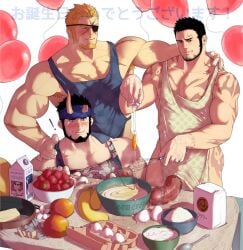 ! 3boys apron balloon bara beard black_hair blonde_hair blue_headband blush broken_horn closed_eyes closed_mouth cooking cum demon_boy demon_horns ejaculation erection eyepatch facial_hair food gyee headband highres horns large_pectorals live-a-hero male_focus male_only markus_(gyee) multiple_boys muscular muscular_male naked_apron nessen_(live_a_hero) one_eye_covered pectorals penis priapus priapus_a._tarou scar scar_on_chest scar_on_face short_hair smile yooch_(yoochbara)