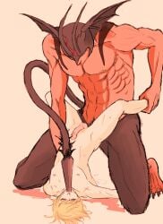 2boys akira_fudou anal_penetration bat_wings blonde_hair completely_nude_male demon demon_humanoid demon_on_human demon_on_male devilman devilman_crybaby domination erection fudou_akira legs_up male/male male_nipples male_penetrating male_penetrating_male monster_on_human monster_on_male muscular_male nude on_knees oral_fixation oral_insertion penis proportionally_endowed_male ryo_asuka scars sex size_difference solid_color_background submissive_male sweat tail teratophilia twink uncensored upside-down yaoi