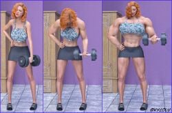 1girls 3d abs dumbbell extreme_muscles female growth_sequence hair_over_one_eye kycolv lips lipstick medium_hair miniskirt muscles muscular muscular_female nail_polish pencil_skirt red_hair shoes short_hair skinny solo transformation transformation_sequence