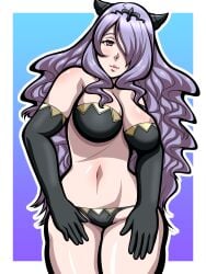 1girls bare_shoulders bare_thighs black_panties bra breasts camilla_(fire_emblem) elbow_gloves female female_only fire_emblem fire_emblem_fates gloves hair_over_one_eye horns inabakun00 long_hair long_purple_hair looking_at_viewer medium_breasts nintendo panties purple_eyes purple_hair purple_hair_over_one_eye smile solo thighs underwear very_long_hair