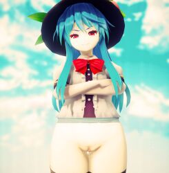 1girls 3d blue_hair female hat long_hair mmd no_panties pussy red_eyes solo solo_female tenshi_hinanawi touhou uncensored vovun