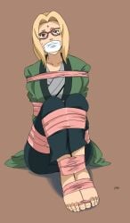 1girls arms_behind_back bangs barefoot blonde_hair bondage bound bound_ankles bound_arms bound_feet bound_legs bound_toes breast_bondage breasts brown_hair collarbone feet female female_only fully_clothed gag gagged glasses highres improvised_gag large_breasts naruto naruto:_road_to_ninja naruto_(series) naruto_shippuden sitting solo sweat tape tape_bondage tape_gag toenails toes tsunade