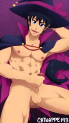 1boy abs ao_no_exorcist areolae bara blue_eyes cape catnappe143 circumcised cloak cosplay dark_blue_hair demon_boy demon_tail fangs full_color halloween_costume holding_penis male male_only mostly_nude muscular muscular_male nipples okumura_rin penis penis_tip pointed_ears practically_nude smiling solo solo_male teen_boy teenage_boy teenager testicles thighs uncensored witch_hat