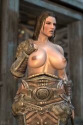 bethesda_softworks big_ass big_breasts blurry_background breast_focus dark_hair female lydia natural_breasts partially_clothed revealing_clothes skyrim solo_female sword the_elder_scrolls