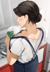 1girls apron big_breasts blush breasts brown_eyes brown_hair cleavage dishwashing female female_focus from_behind hair_bun highres housewife indoors jewelry large_breasts looking_at_viewer looking_back married_woman mature_female milf original original_character ring sakuranotomoruhie shirt short_sleeves suspenders white_shirt wife