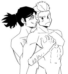 2boys angry black_and_white gay grabbing_pecs grope groping groping_from_behind looking_at_partner looking_back male_only mature_male mirio_togata monochrome muscular muscular_male my_hero_academia naked nude pecs pectorals shouta_aizawa sketch tagme yaoi