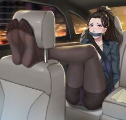 1girls absurdres ass black_hair black_legwear blush bondage breasts car car_interior car_seat crotch_seam earrings executive_mishiro feet female foot_focus forehead gag gagged green_eyes ground_vehicle haimei1980 highres idolmaster idolmaster_cinderella_girls improvised_gag jewelry legs legs_up long_hair looking_at_viewer makeup mature_female motor_vehicle no_shoes office_lady panties panties_under_pantyhose pantyhose ponytail purple_panties seatbelt sitting soles solo tape tape_gag thighband_pantyhose toes underwear white_panties