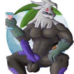 alcohol anthro balls beverage big_penis black_balls black_body blue_eyes claws cloud cocktail daikuhiroshiama fur genitals hi_res holding_beverage holding_object knot leaning leaning_back legendary_pokemon male muscular muscular_anthro muscular_male nintendo penis plant pokemon pokemon_(species) presenting presenting_penis purple_body purple_penis purple_scales scales sherias_(daikuhiroshiama) silvally sketch smile solo solo_male spikes spikes_(anatomy) spread_legs spreading tree video_games white_body white_fur