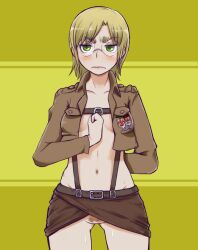 ass_visible_through_thighs attack_on_titan blonde_hair glasses green_eyes inner_sideboob partially_clothed pubic_hair rico_brzenska shingeki_no_kyojin short_hair small_breasts striped_background tenrai_ha thigh_gap thighs yellow_background