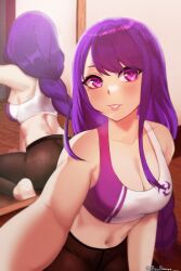 abigbrother ass belly_button blush breasts busty genshin_impact gym_clothes hi_res large_breasts looking_at_viewer midriff mirror mirror_selfie mole mole_under_eye navel purple_eyes purple_hair raiden_shogun selfie sports_bra sportswear taking_picture yoga_pants