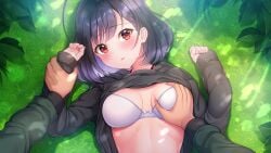 1boy ahoge arm_grab arms_above_head arms_up asagao_wa_ai_o_shiranai. bangs black_hair black_sweater blush bra breast_grab breasts cleavage clothes_lift day eyebrows_visible_through_hair female game_cg grabbing grass head_tilt held_down highres hiiro_asagao holding_another's_wrist long_hair long_sleeves looking_at_viewer lying maumen medium_breasts missionary_position on_back outdoors parted_lips pinned_down pov red_eyes restrained shiny shiny_hair sleeves_past_wrists solo straight_hair sweater sweater_lift underwear white_bra wrist_grab