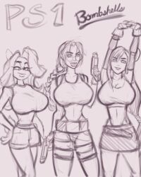 activision anthro bag bandicoot belt big_breasts breasts crash_(series) crash_bandicoot_(series) crop_top crossover daisy_dukes embracer_group female final_fantasy final_fantasy_vii firearm furry hair_braid handgun handwear huge_breasts human lara_croft lara_croft_(classic) long_hair looking_at_viewer miniskirt naughty_dog pistol_holster pistols playstation ponytail raiounsfw shorts sketch smile sony_interactive_entertainment square_enix sunglasses suspenders tank_top tawna_bandicoot tifa_lockhart tomb_raider trio weapon