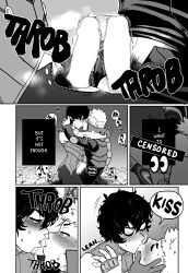 akira_kurusu black_and_white blush censored closed_eyes clothed comic comic_page dialogue frottage frotting gay hands_on_face joker_(persona) kissing kneeling kolibris kolibrisao3 line_art male male/male moaning onomatopoeia persona persona_5 pubic_hair public ryuji_sakamoto saliva saliva_trail sweat yaoi