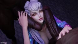 1girls 2boys 3d allblacked3d blender choker dark-skinned_male dark_skin evelynn female huge_cock interracial k/da_all_out_evelynn k/da_all_out_series k/da_series league_of_legends light-skinned_female light_skin looking_at_viewer mmf_threesome penis_on_face pov riot_games smile threesome white_hair