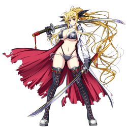 bikini black_bikini blonde_hair blush boots breasts cleavage dual_wielding fate_testarossa female female full_body gluteal_fold groin highleg highres hip_bones holding kiriya_(aprikose_0312) long_hair looking_at_viewer lyrical_nanoha multi-strapped_bikini navel ponytail red_eyes shiny shiny_hair simple_background skindentation smile solo standing swimsuit white_background