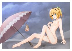 barefoot black_hairband blonde_hair blue_eyes border bow breasts collarbone completely_nude edna_(tales) female full_body green_bow green_ribbons hair_ribbon hairband hairbow highres kuronuketaiyo looking_at_viewer nipples nude ribbon short_hair side_ponytail sitting small_breasts solo tales_of_(series) tales_of_zestiria white_border