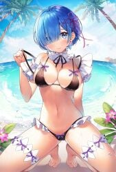 1girls ayamy beach bikini black_bikini blue_eyes blue_hair breasts cleavage female female_only frilled_bikini frills large_breasts navel ocean oni oni_female oni_girl outdoors outside re:zero_kara_hajimeru_isekai_seikatsu rem_(re:zero) seaside short_hair solo solo_female swimsuit teenage_girl teenager