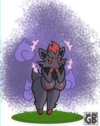 big_breasts black_body black_fur breasts fur grey_body grey_fur hi_res huge_breasts laugh nintendo pokémon_(species) pokemon pokemon_(species) pokemon_only red_body red_fur short_stack shortstack smoke terryeternity video_games zorua