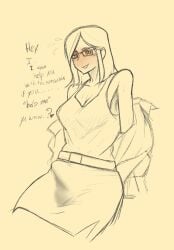 1futa balls blush bulge clothed clothing dialogue erection erection_under_clothes erection_under_skirt fully_clothed futa_only futanari glasses human monochrome pencil_skirt penis penis_under_clothes penis_under_skirt shy sketch snobbyfoxy solo sweat tenting text yellow_eyes