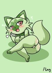 2022 absurd_res anthro anthrofied ass big_breasts blush breasts digital_media_(artwork) domestic_cat fangs felid feline felis female flag_(pixiv) fur furry furry_only genitals green_background green_body green_fur green_tail hi_res looking_at_viewer lying mammal nintendo nude open_mouth paws pokémon_(species) pokemon pokemon_sv pussy red_eyes short_stack shortstack simple_background solo sprigatito tail video_games