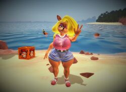 3d animal_humanoid bandicoot beach big_ass big_breasts big_butt big_hair big_hips big_thighs crash_(series) crates hair huge_breasts huge_thighs long_hair mr._barbossa one_eye_closed one_eye_open peace_sign sand shoes shoes_on sky smiling smiling_at_viewer tawna_bandicoot thunder_thighs