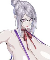 1girls apron big_breasts breasts breasts_bigger_than_head female female_focus female_only fwaf gigantic_breasts glasses huge_breasts large_breasts massive_breasts pale-skinned_female pale_skin pink_eyes prison_school red_lipstick ribbon ribbon_choker shiny_breasts shiny_skin shiraki_meiko short_hair silver_hair solo solo_female solo_focus straps top_heavy wearing_glasses white_background white_hair