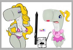 1boy 2girls artist_request big_ass big_breasts bikini bimbo bimbofication bimbofied blonde_hair blue_eyes cetacean doodlebob female furry grey_skin hourglass_figure huge_ass huge_breasts male multiple_girls pearl_krabs pink_dress smooth_skin source_request sperm_whale spongebob_squarepants tagme voluptuous voluptuous_female whale