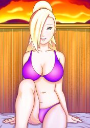 aqua_eyes big_breasts bikini blonde_hair blue_eyes boruto:_naruto_next_generations breasts cleavage dusk female female_only hair_over_one_eye ino_yamanaka light_blue_eyes looking_at_viewer mature mature_female milf naruto naruto_(series) nobbster ponytail sitting smile solo solo_focus sunset swimsuit tied_hair