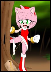 amy_rose angeloid003 anthro bodily_fluids clothed clothing dress female fist furry genitals hi_res outside panties peeing pink_body plant pussy sega solo sonic_(series) sweat tongue tongue_out tree underwear