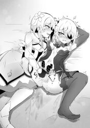 2girls bedsheets clitoral_stimulation clitoris dress eyepatch female female_only femdom femsub fischl_(genshin_impact) genshin_impact hair_covering_eye hair_ornament hand_on_pussy hands_behind_head legs_spread lesbian_sex long_hair lucifina_006 lumine_(genshin_impact) multiple_girls pussy pussy_exposed pussy_juice pussy_juice_stain short_hair smile smiling squirting stained_sheets stockings thighhighs twitching vaginal_stimulation yuri