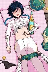 1boy 1girls belly blush bottle condom drooling drunk femboy genshin_impact imminent_sex kingbawoon male male_focus on_back on_bed panties pigtails sissy sleep_molestation sleeping trap tummy twink undressing venti_(genshin_impact)